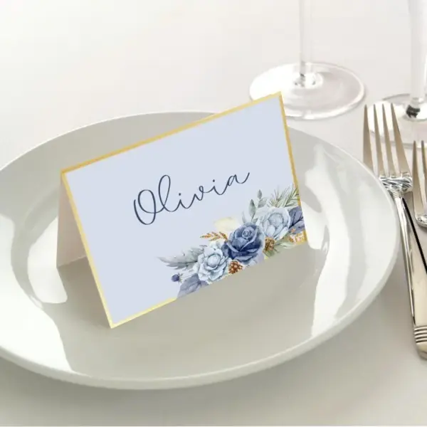 Blue Floral & Gold Place Card – Folded Wedding Name Card